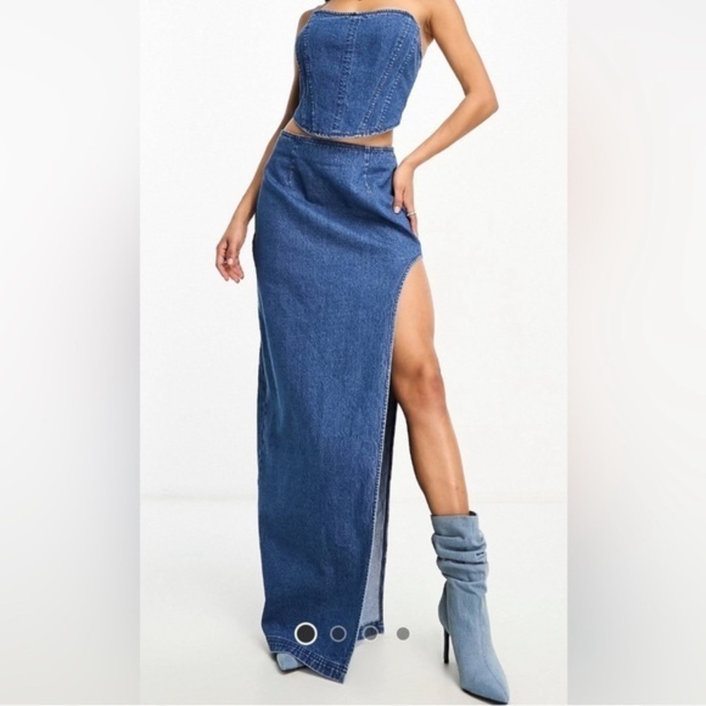 Blue Denim Two-Piece Set with Slit Skirt